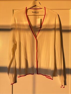 Mango Cream Ribbed Cardigan with Red Trim